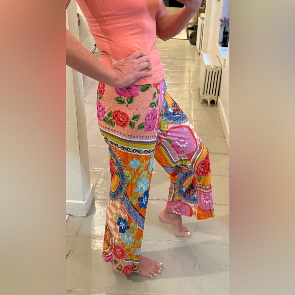 Spell NWT Aphrodite Bias Pant Rose Floral Wide Leg Trousers Pink Orange M - Picture 3 of 12